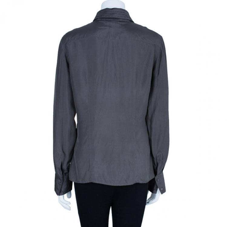 Pre Owned Emporio Armani Grey Silk Collared Shirt M