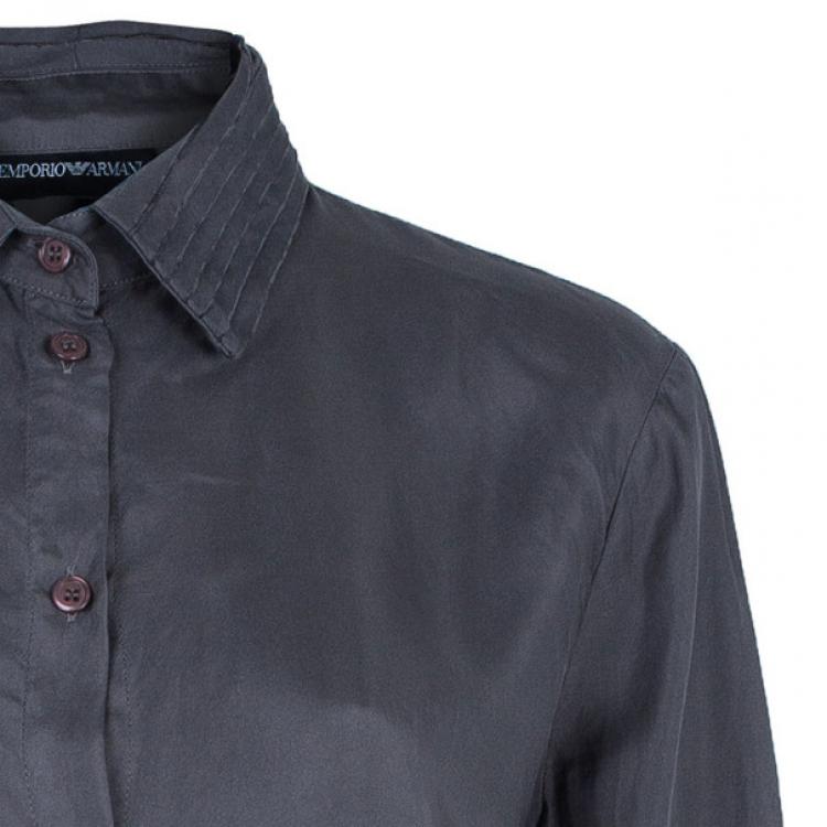 Pre Owned Emporio Armani Grey Silk Collared Shirt M
