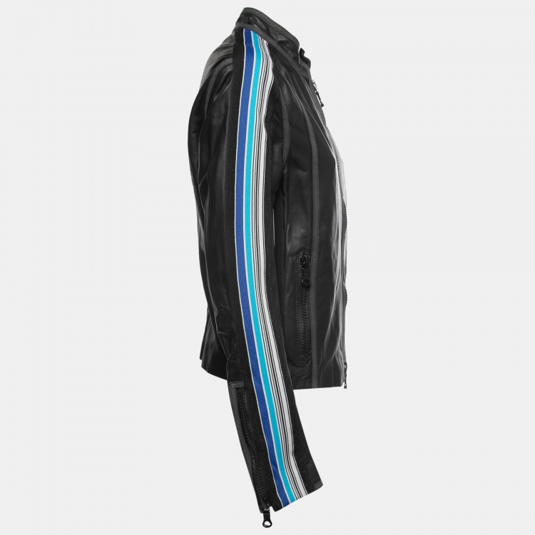 Pre Owned Emporio Armani Vintage Black Leather Contrast Trimmed Jacket XL