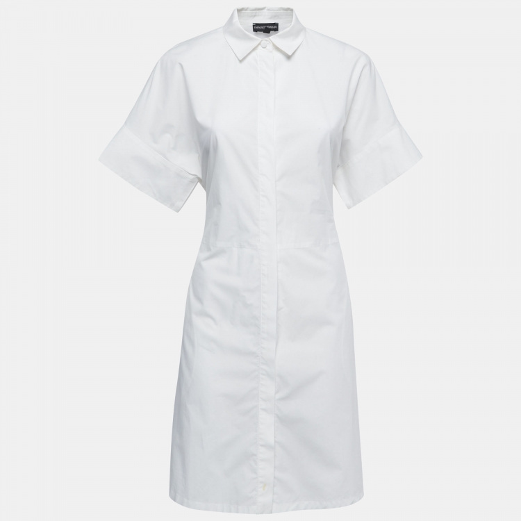 Pre Owned Emporio Armani White Cotton Button Front Belted Short Shirt Dress S