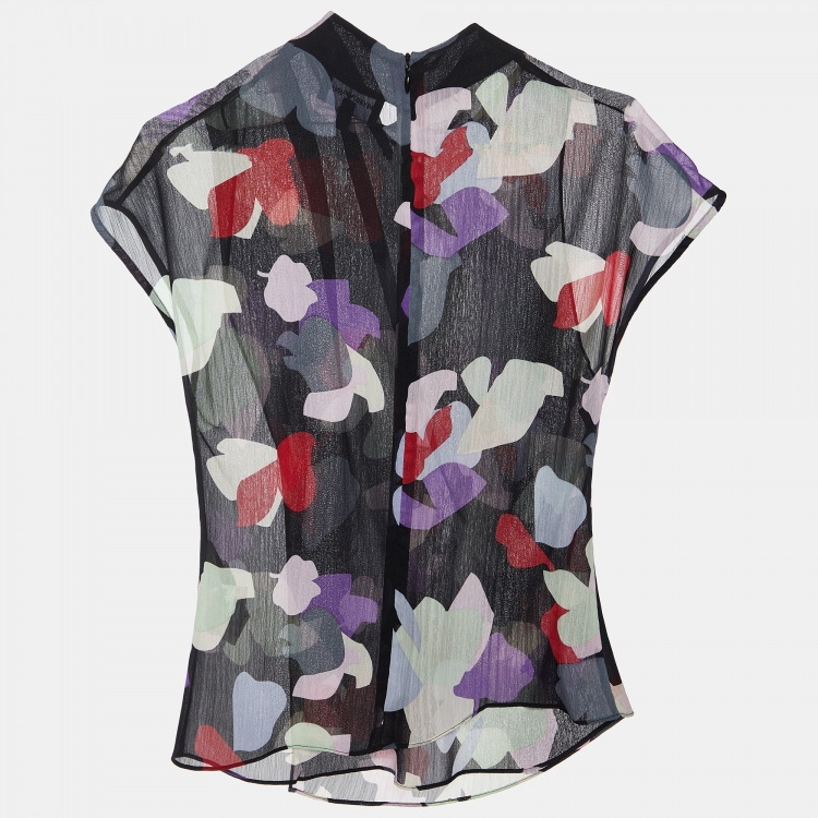 Pre Owned Emporio Armani Black Printed Chiffon Faux Wrap Top S