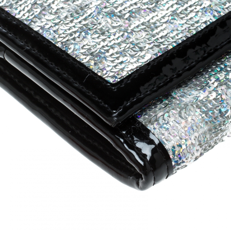 Pre Owned Emporio Armani Silver/Black Sequin and Patent Leather Clutch