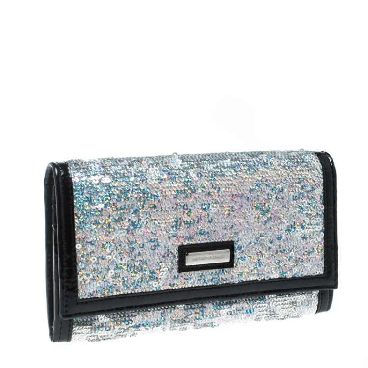 Pre Owned Emporio Armani Silver/Black Sequin and Patent Leather Clutch
