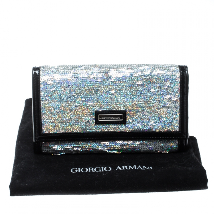 Pre Owned Emporio Armani Silver/Black Sequin and Patent Leather Clutch