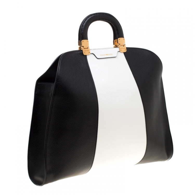 Pre Owned Emporio Armani Black/White Leather Tote