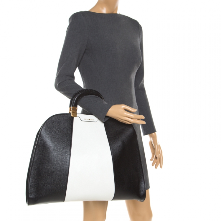 Pre Owned Emporio Armani Black/White Leather Tote