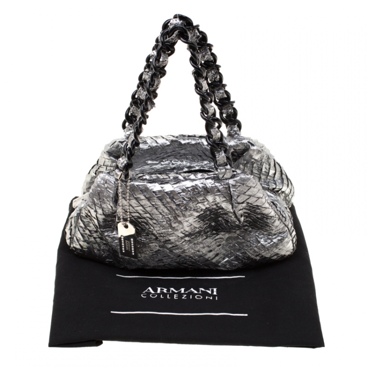 Pre Owned Armani Collezioni Silver Coated Nylon Chain Satchel