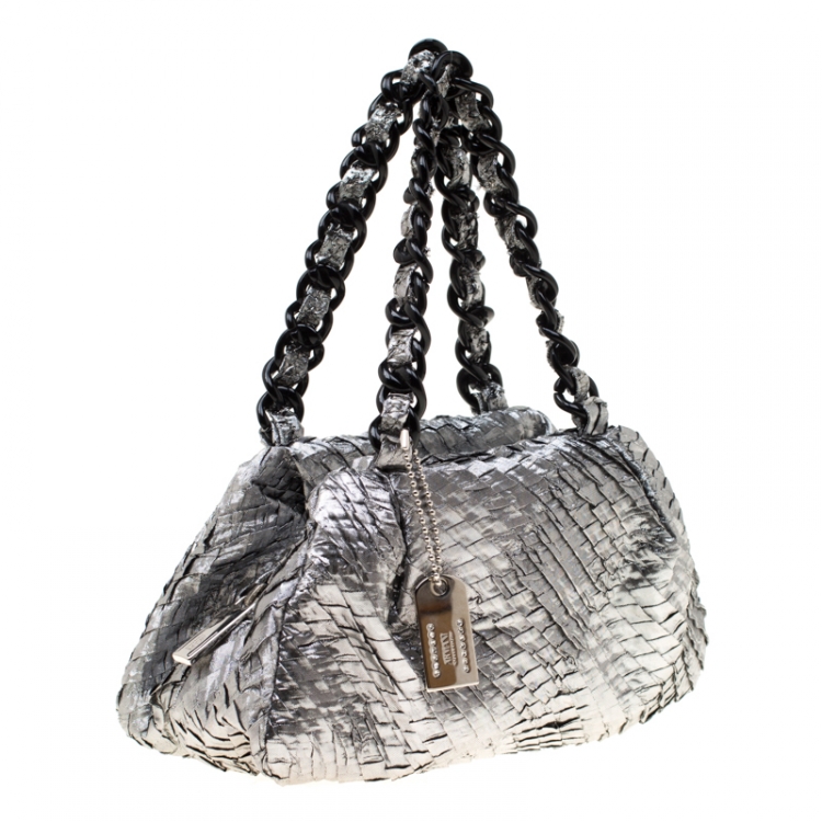 Pre Owned Armani Collezioni Silver Coated Nylon Chain Satchel