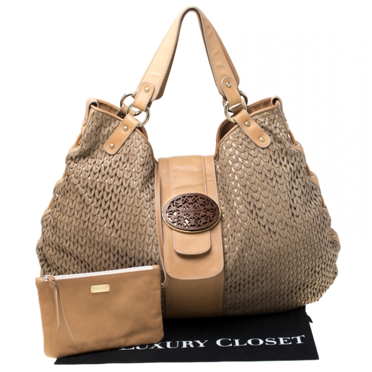 Pre Owned Emporio Armani Beige/Light Brown Lasercut Suede and Leather Hobo