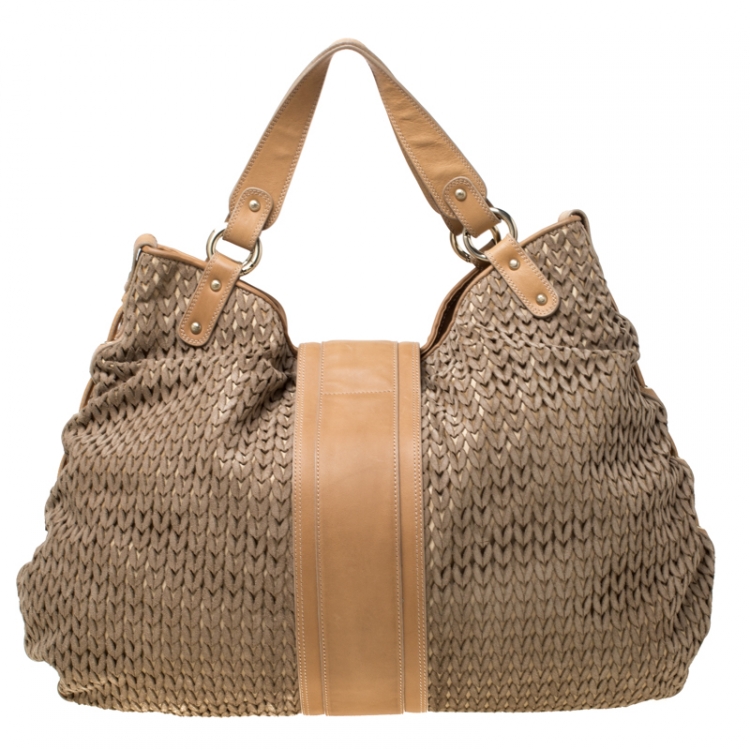 Pre Owned Emporio Armani Beige/Light Brown Lasercut Suede and Leather Hobo