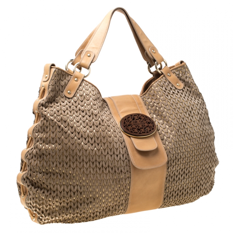 Pre Owned Emporio Armani Beige/Light Brown Lasercut Suede and Leather Hobo