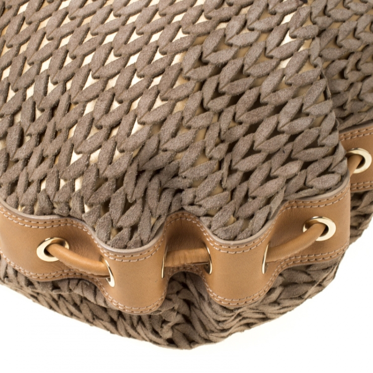 Pre Owned Emporio Armani Beige/Light Brown Lasercut Suede and Leather Hobo