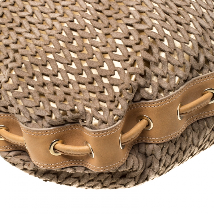 Pre Owned Emporio Armani Beige/Light Brown Lasercut Suede and Leather Hobo