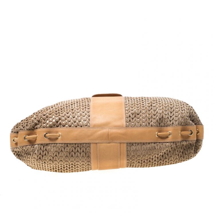 Pre Owned Emporio Armani Beige/Light Brown Lasercut Suede and Leather Hobo