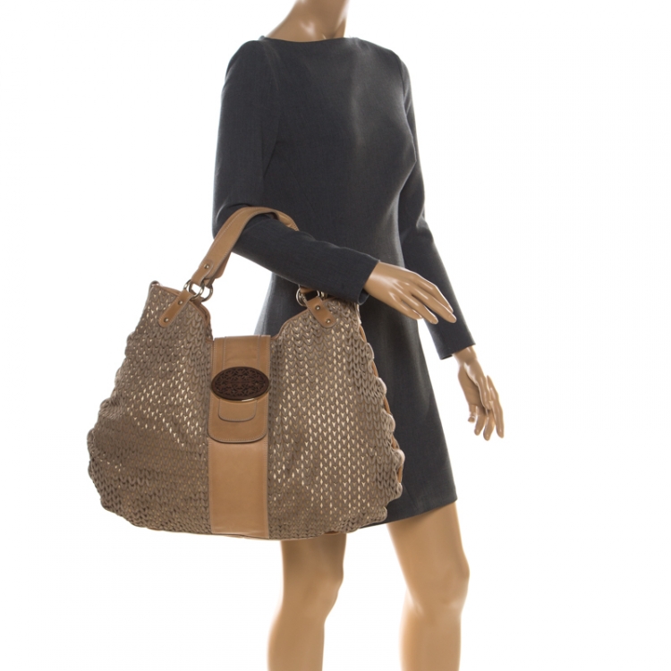 Pre Owned Emporio Armani Beige/Light Brown Lasercut Suede and Leather Hobo