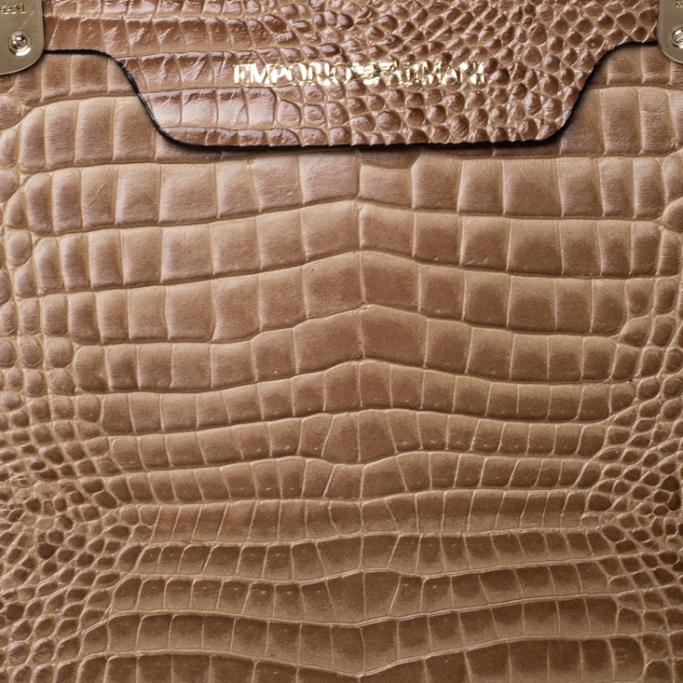 Pre Owned Emporio Armani Light Brown Croc Embossed Leather Satchel