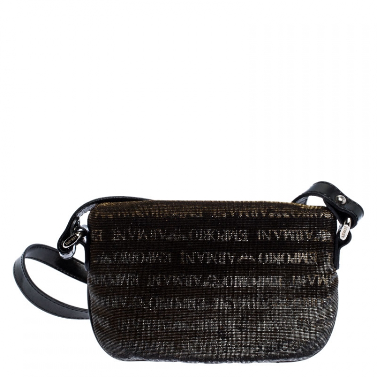 Pre Owned Emporio Armani Black/Gold Signature Print Lame Fabric Flap Crossbody Bag