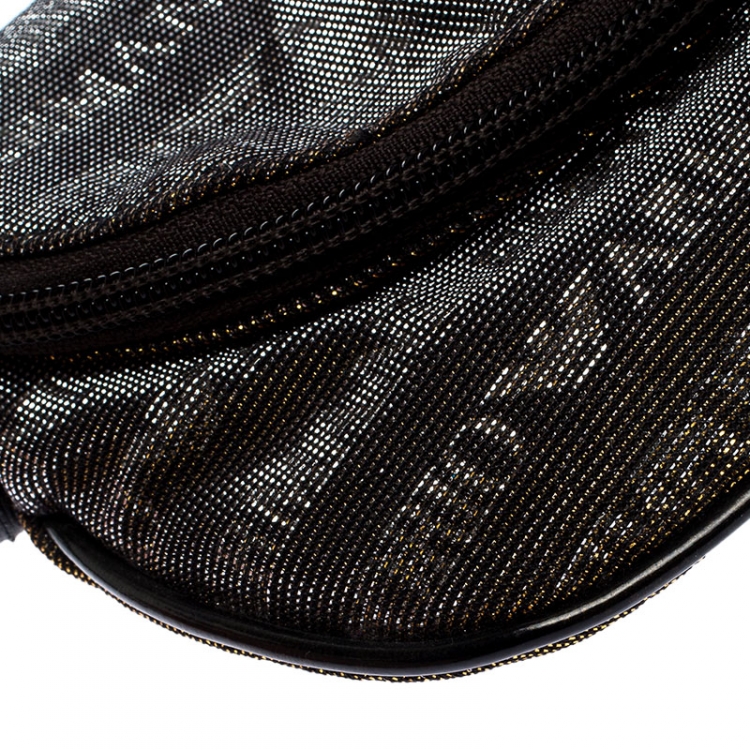 Pre Owned Emporio Armani Black/Gold Signature Print Lame Fabric Flap Crossbody Bag