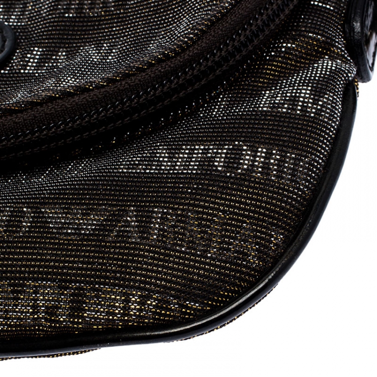 Pre Owned Emporio Armani Black/Gold Signature Print Lame Fabric Flap Crossbody Bag