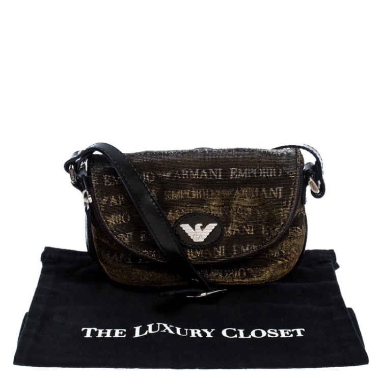 Pre Owned Emporio Armani Black/Gold Signature Print Lame Fabric Flap Crossbody Bag