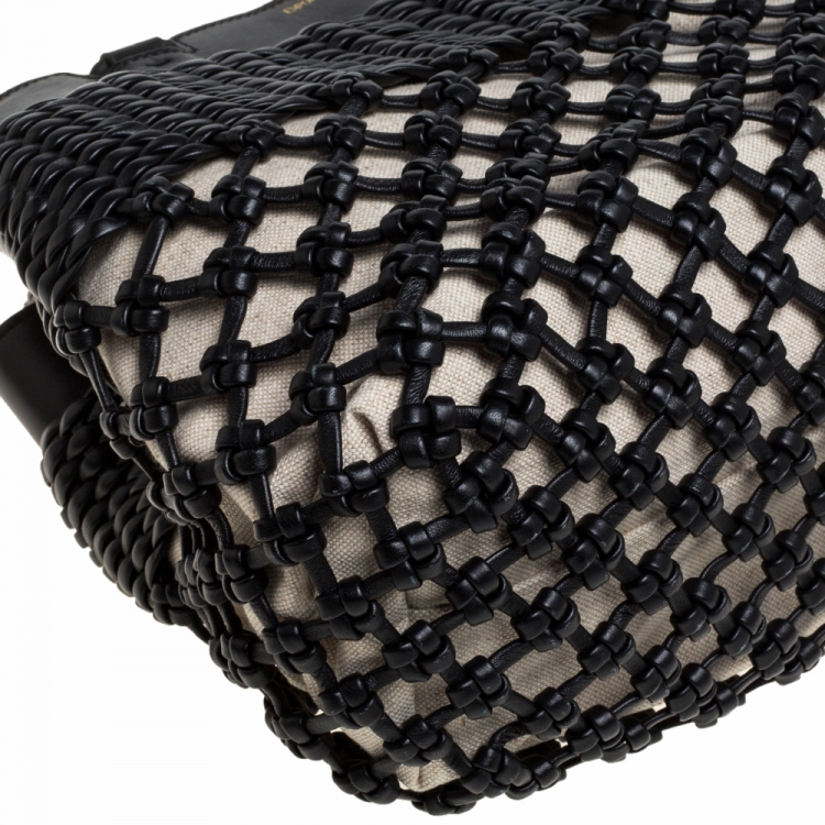 Pre Owned Emporio Armani Black/Beige Leather and Canvas Woven Knot Shoulder Bag
