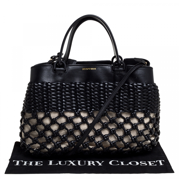 Pre Owned Emporio Armani Black/Beige Leather and Canvas Woven Knot Shoulder Bag