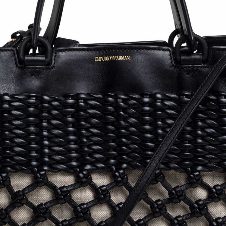 Pre Owned Emporio Armani Black/Beige Leather and Canvas Woven Knot Shoulder Bag