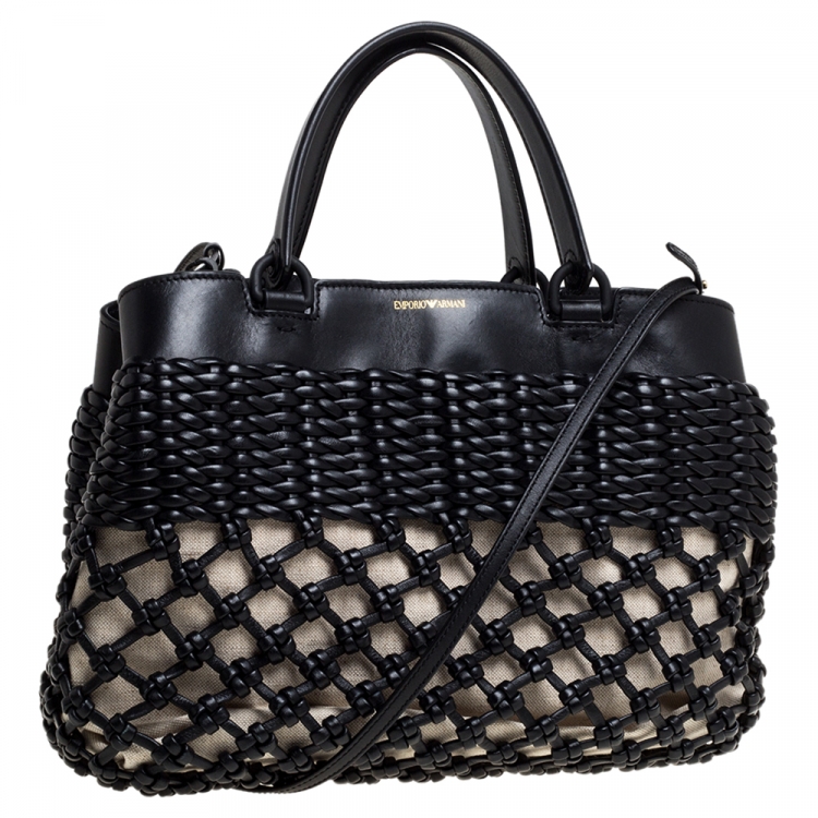 Pre Owned Emporio Armani Black/Beige Leather and Canvas Woven Knot Shoulder Bag