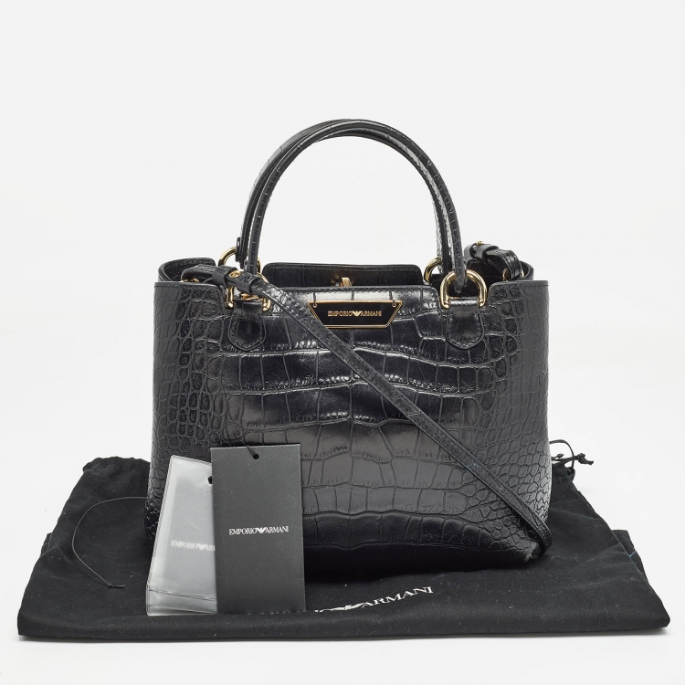 Pre Owned Emporio Armani Black Croc Embossed Leather Small Beverly Tote