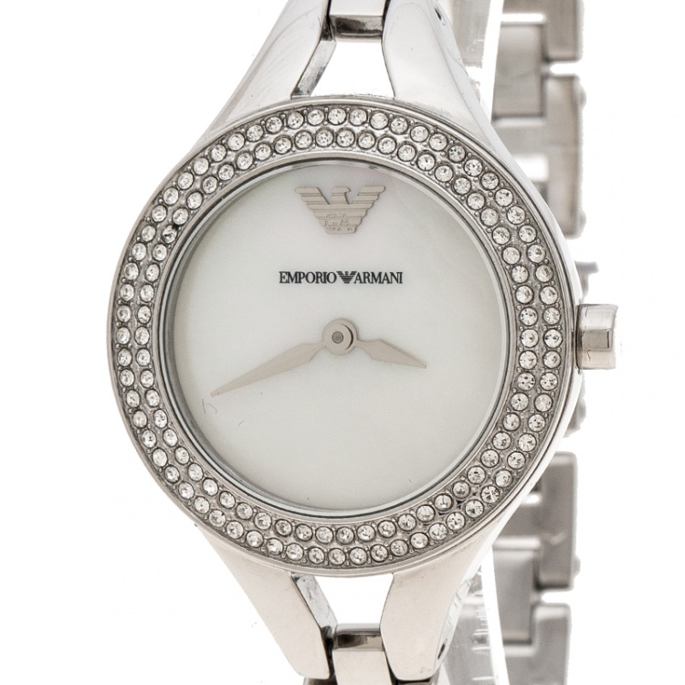 Pre Owned Emporio Armani White Mother of Pearl Stainless Steel Chiara AR8038 Women's Wristwatch 28 mm 