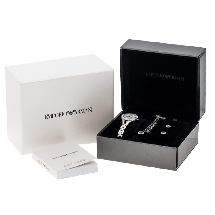 Pre Owned Emporio Armani White Mother of Pearl Stainless Steel Chiara AR8038 Women's Wristwatch 28 mm 