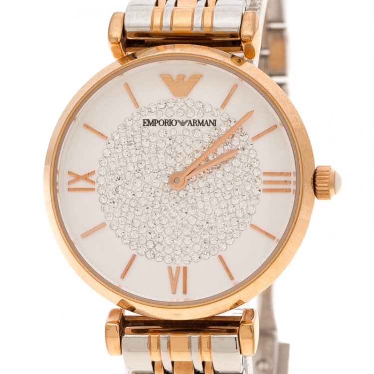 Pre Owned Emporio Armani White Crystal Two Tone Stainless Steel AR1926 Women's Wristwatch 32MM