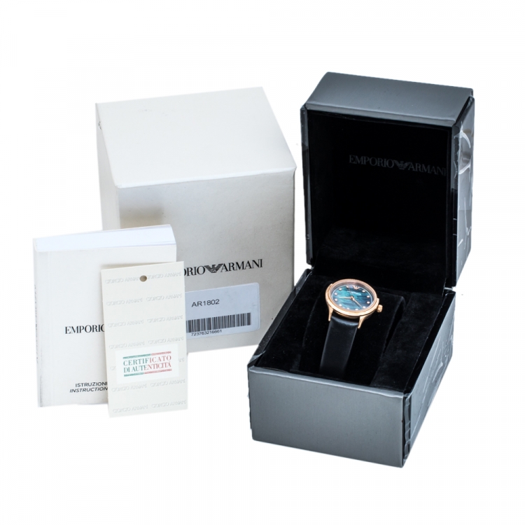 Pre Owned Emporio Armani Black Mother Of Pearl Rose Gold Tone Stainless Steel Leather Classic AR1802 Women's Wristwatch 27 mm