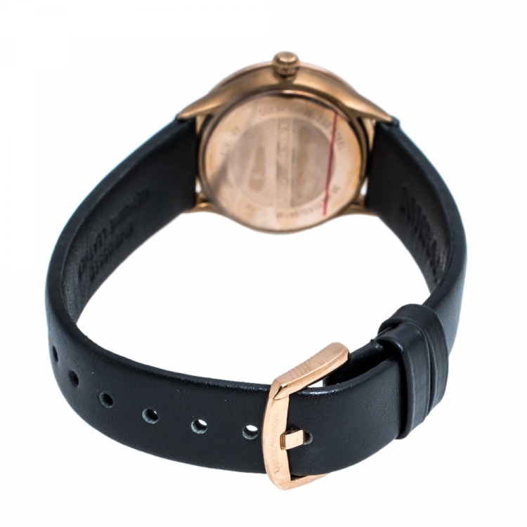 Pre Owned Emporio Armani Black Mother Of Pearl Rose Gold Tone Stainless Steel Leather Classic AR1802 Women's Wristwatch 27 mm