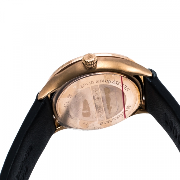 Pre Owned Emporio Armani Black Mother Of Pearl Rose Gold Tone Stainless Steel Leather Classic AR1802 Women's Wristwatch 27 mm