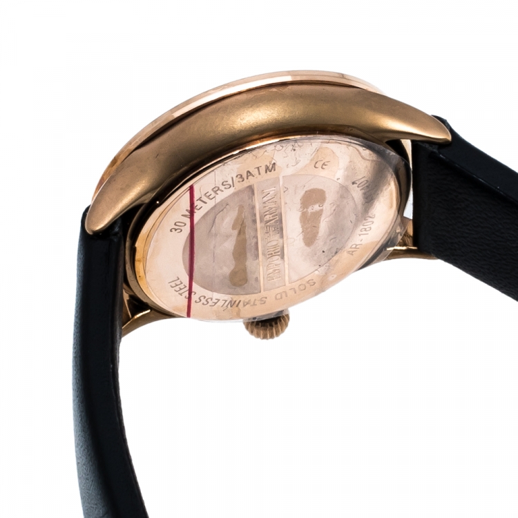 Pre Owned Emporio Armani Black Mother Of Pearl Rose Gold Tone Stainless Steel Leather Classic AR1802 Women's Wristwatch 27 mm