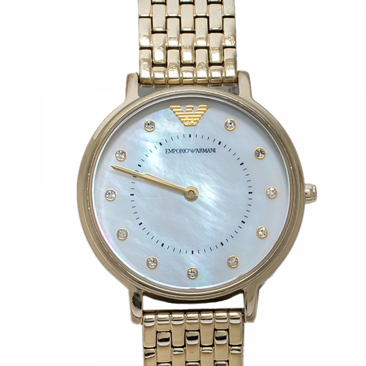 Pre Owned Emporio Armani Mother Of Pearl Yellow Gold Tone Stainless Steel AR11007 Women's Wristwatch 32 mm