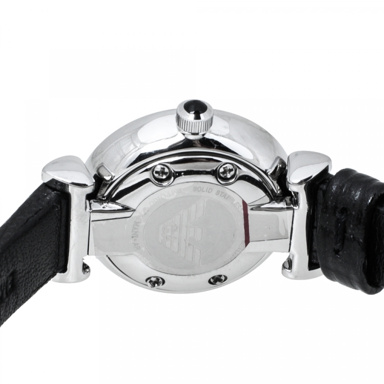 Pre Owned Emporio Armani Black Mother Of Pearl Stainless Steel Leather Classic Retro AR1684 Women's Wristwatch 22 mm