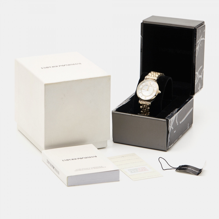 Pre Owned Emporio Armani Mother Of Pearl Gold PVD Coated Stainless Steel Classic AR1907 Women's Wristwatch 32 mm