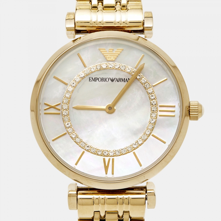 Pre Owned Emporio Armani Mother Of Pearl Gold PVD Coated Stainless Steel Classic AR1907 Women's Wristwatch 32 mm