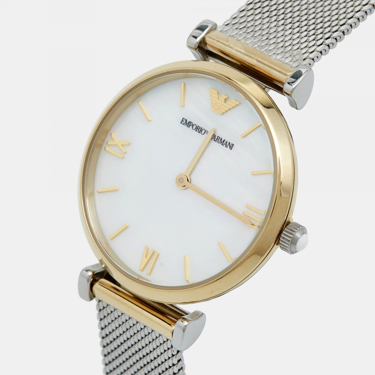 Pre Owned Emporio Armani Mother of Pearl Two Tone Stainless Steel AR2068 Women's Wristwatch 32 mm 
