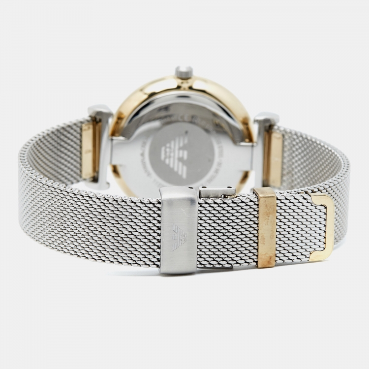 Pre Owned Emporio Armani Mother of Pearl Two Tone Stainless Steel AR2068 Women's Wristwatch 32 mm 