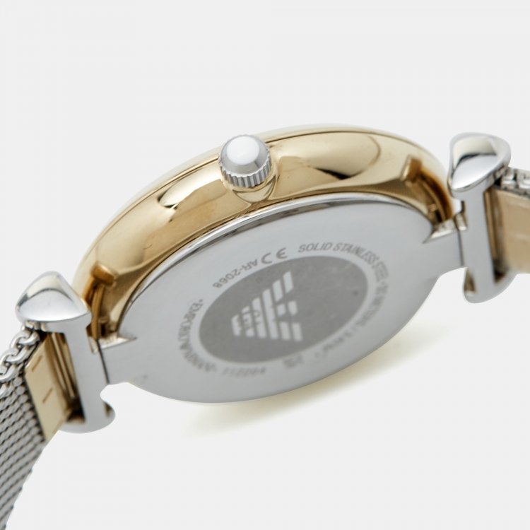 Pre Owned Emporio Armani Mother of Pearl Two Tone Stainless Steel AR2068 Women's Wristwatch 32 mm 