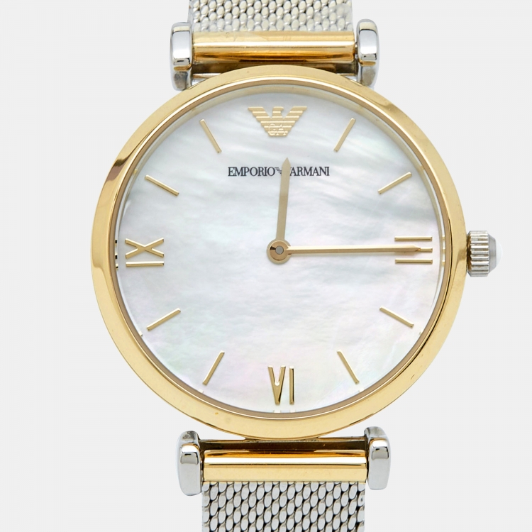 Pre Owned Emporio Armani Mother of Pearl Two Tone Stainless Steel AR2068 Women's Wristwatch 32 mm 