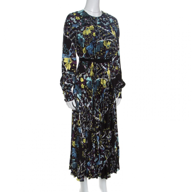 Pre Owned Erdem Black Floral Print Pleated Belted Long Sleeve Rhona Dress S