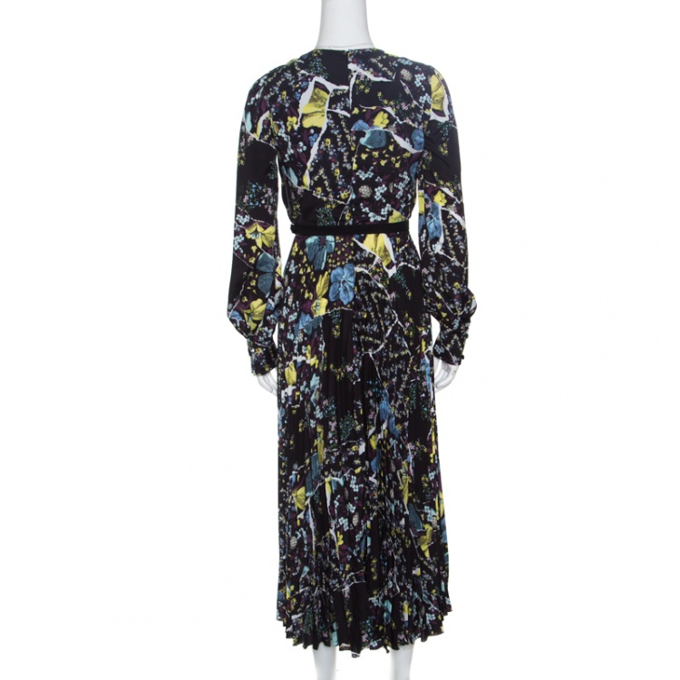 Pre Owned Erdem Black Floral Print Pleated Belted Long Sleeve Rhona Dress S