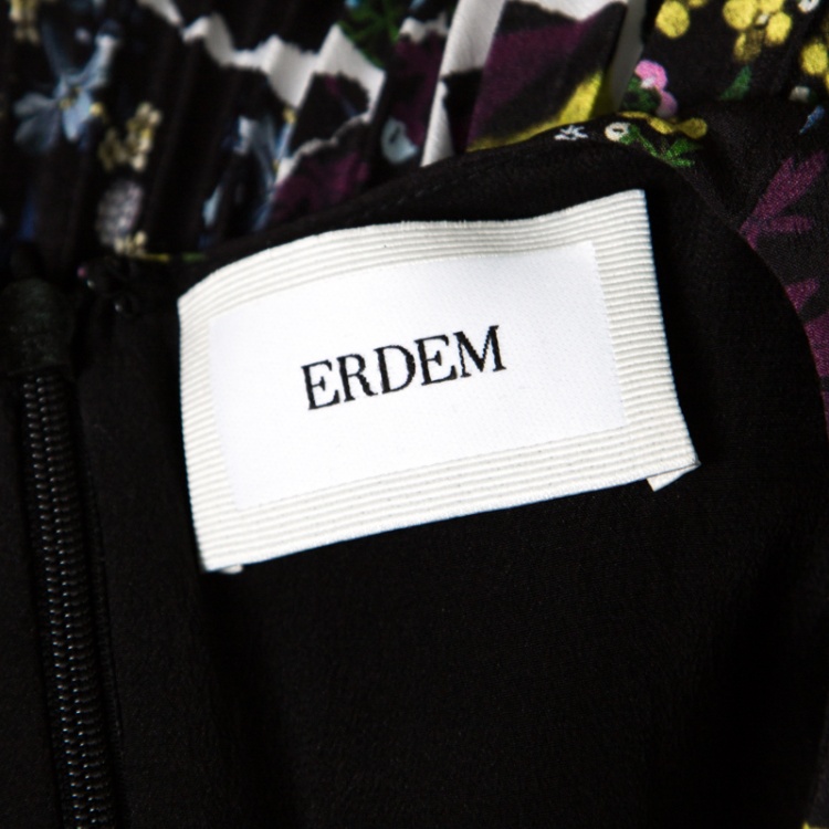 Pre Owned Erdem Black Floral Print Pleated Belted Long Sleeve Rhona Dress S