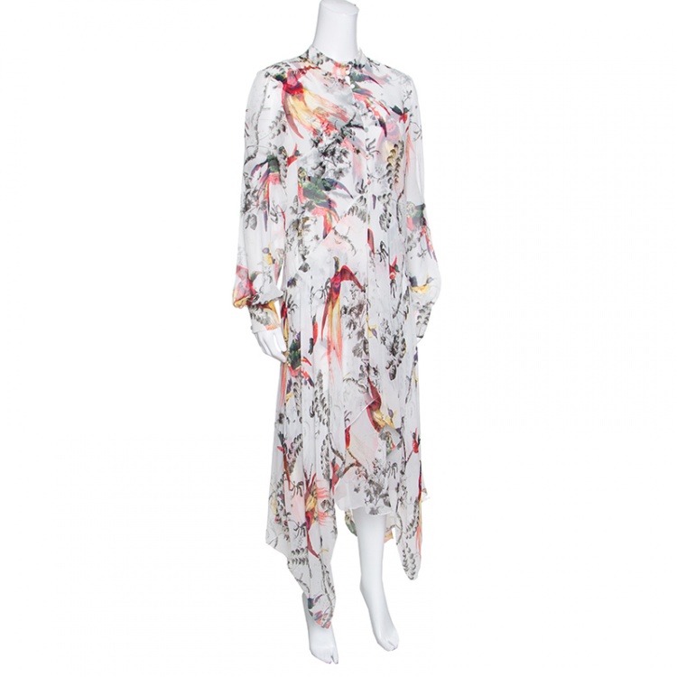 Pre Owned Erdem Parrot Printed Silk Chiffon Printed Handkerchief Hem Kaylah Dress M