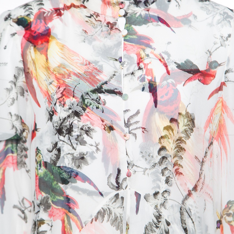 Pre Owned Erdem Parrot Printed Silk Chiffon Printed Handkerchief Hem Kaylah Dress M