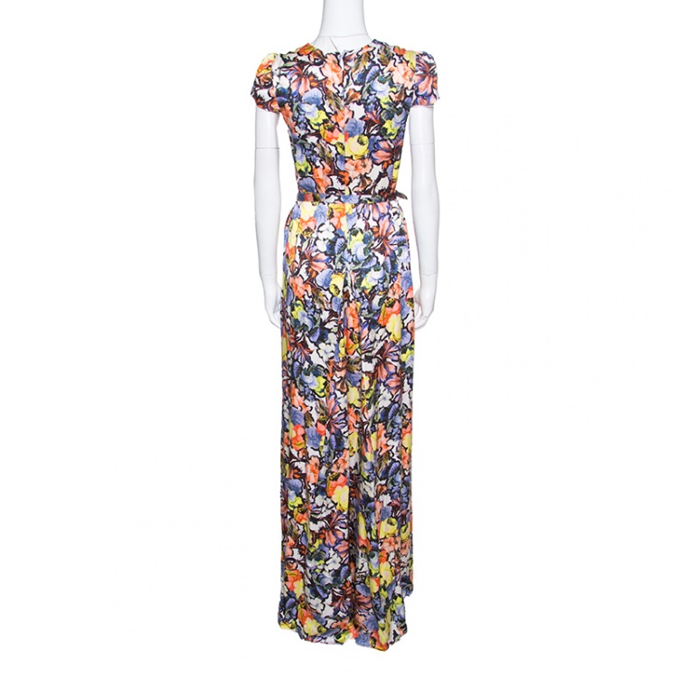 Pre Owned Erdem Floral Printed Silk  Belted Cap Sleeve Aurelia Maxi Dress S